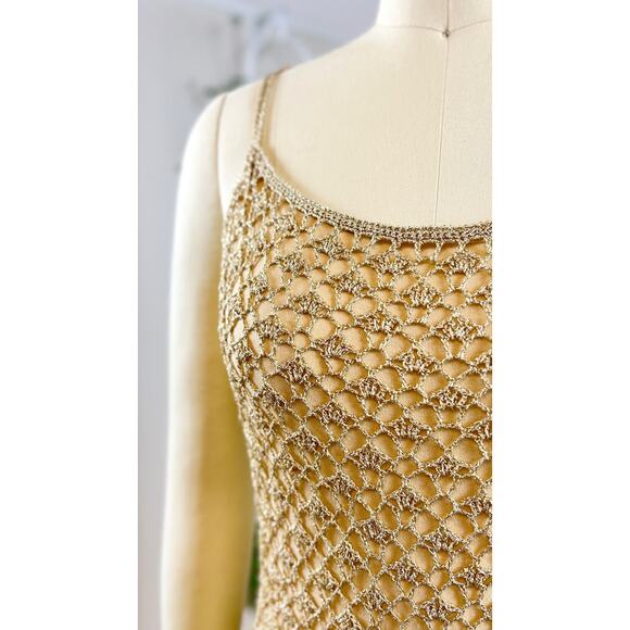 Vintage 2000s Party Dress Y2K CACHE Metallic Gold Crochet Spaghetti Strap Slip - Picture 9 of 11